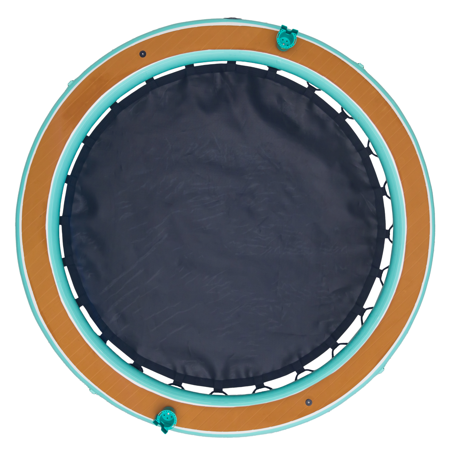 Round trampoline with brown border and teal interior on a white background