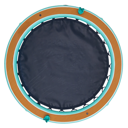 Round trampoline with brown border and teal interior on a white background