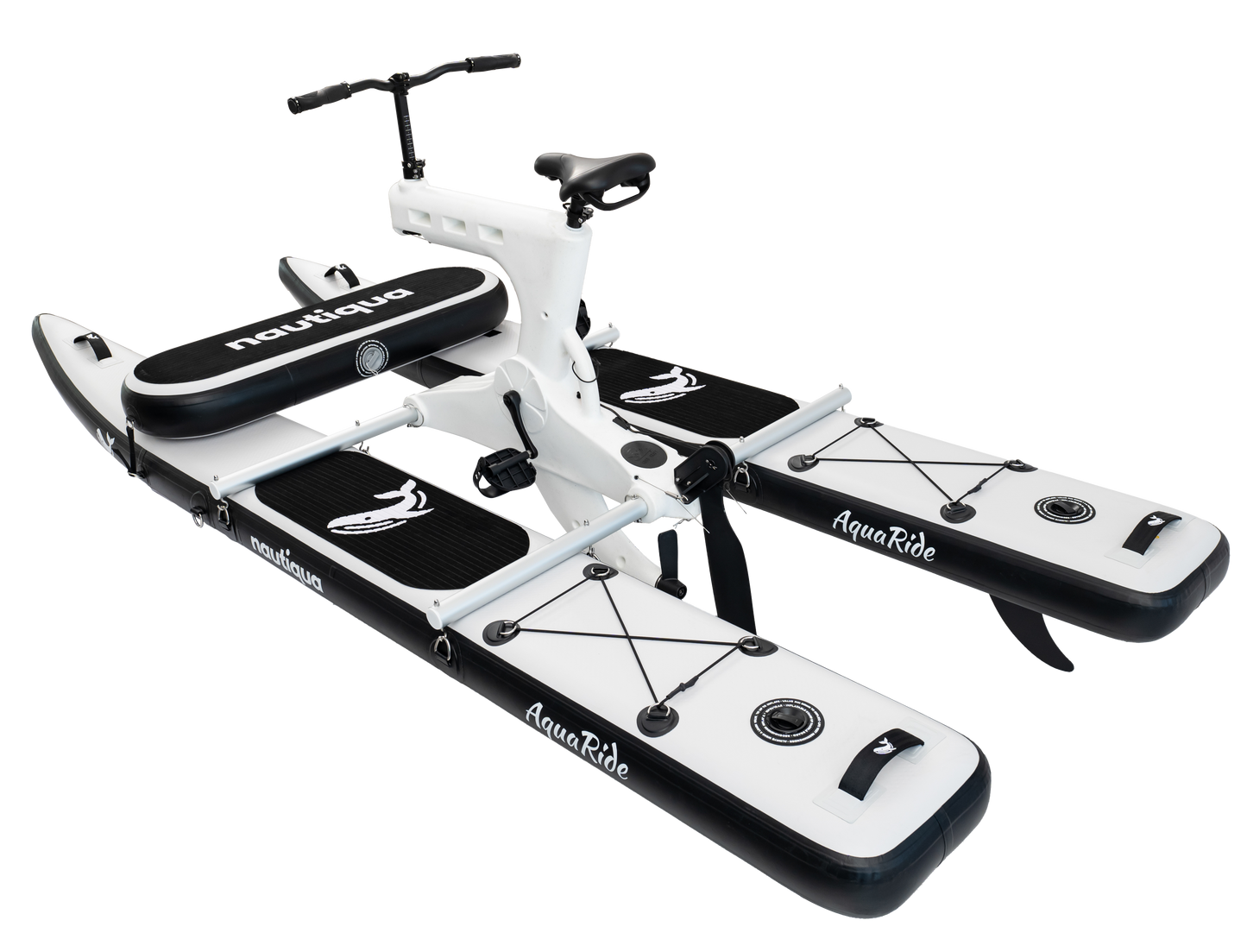 Inflatable water bike with handlebars and seat on a white background