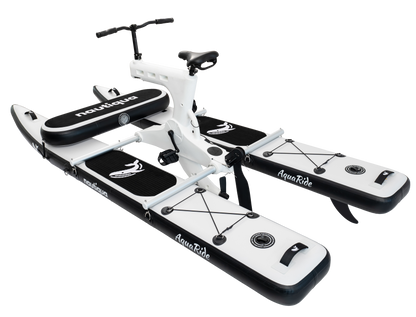Inflatable water bike with handlebars and seat on a white background