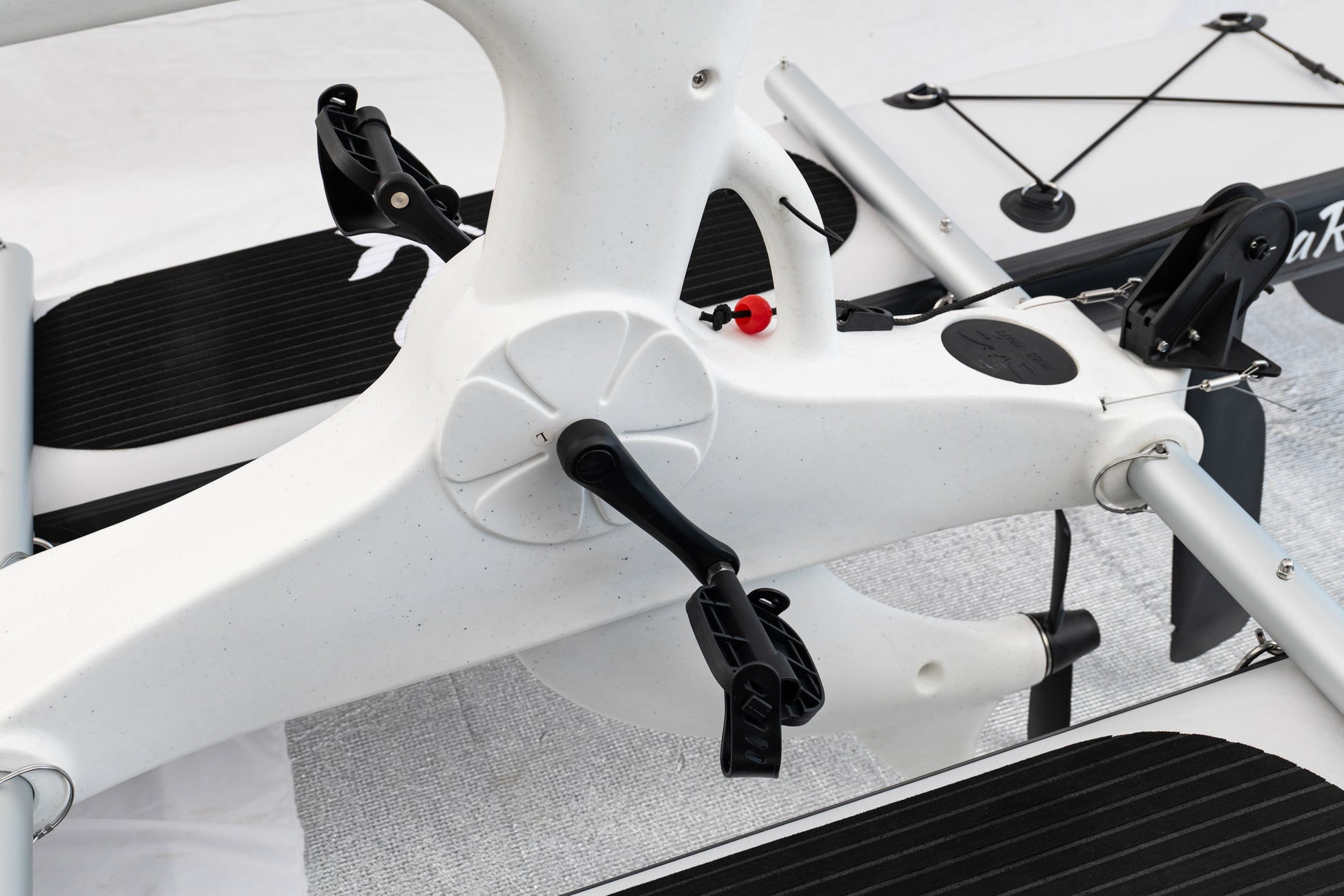Close-up of a white drone with black propellers on a snowy background