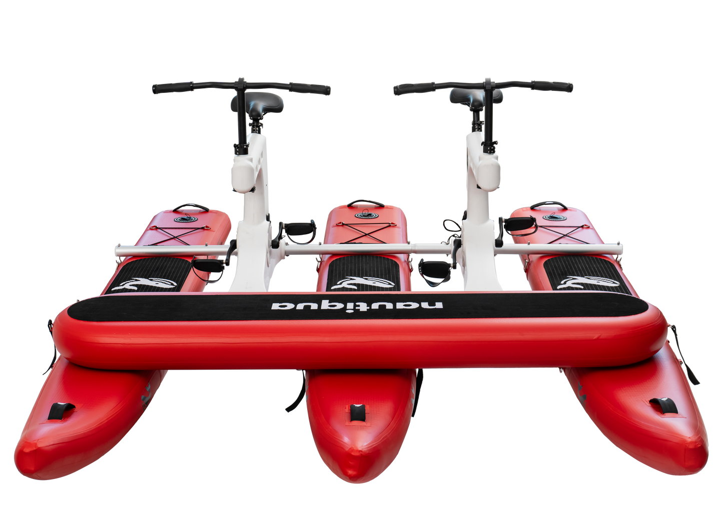 Red water bike with two seats and a visible brand logo on a white background