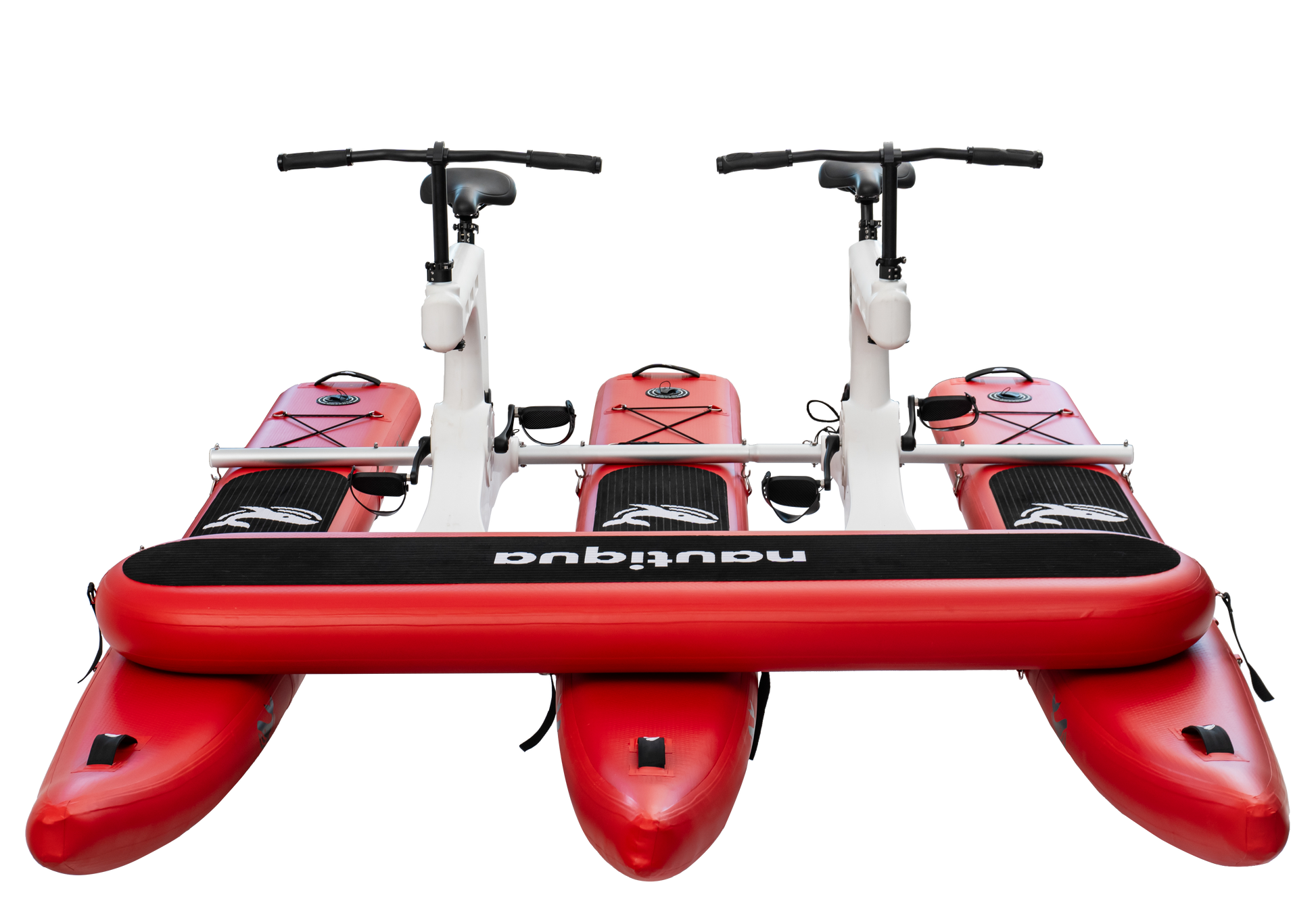 Red water bike with two seats and a visible brand logo on a white background