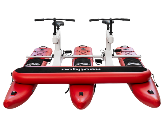 Red water bike with two seats and a visible brand logo on a white background