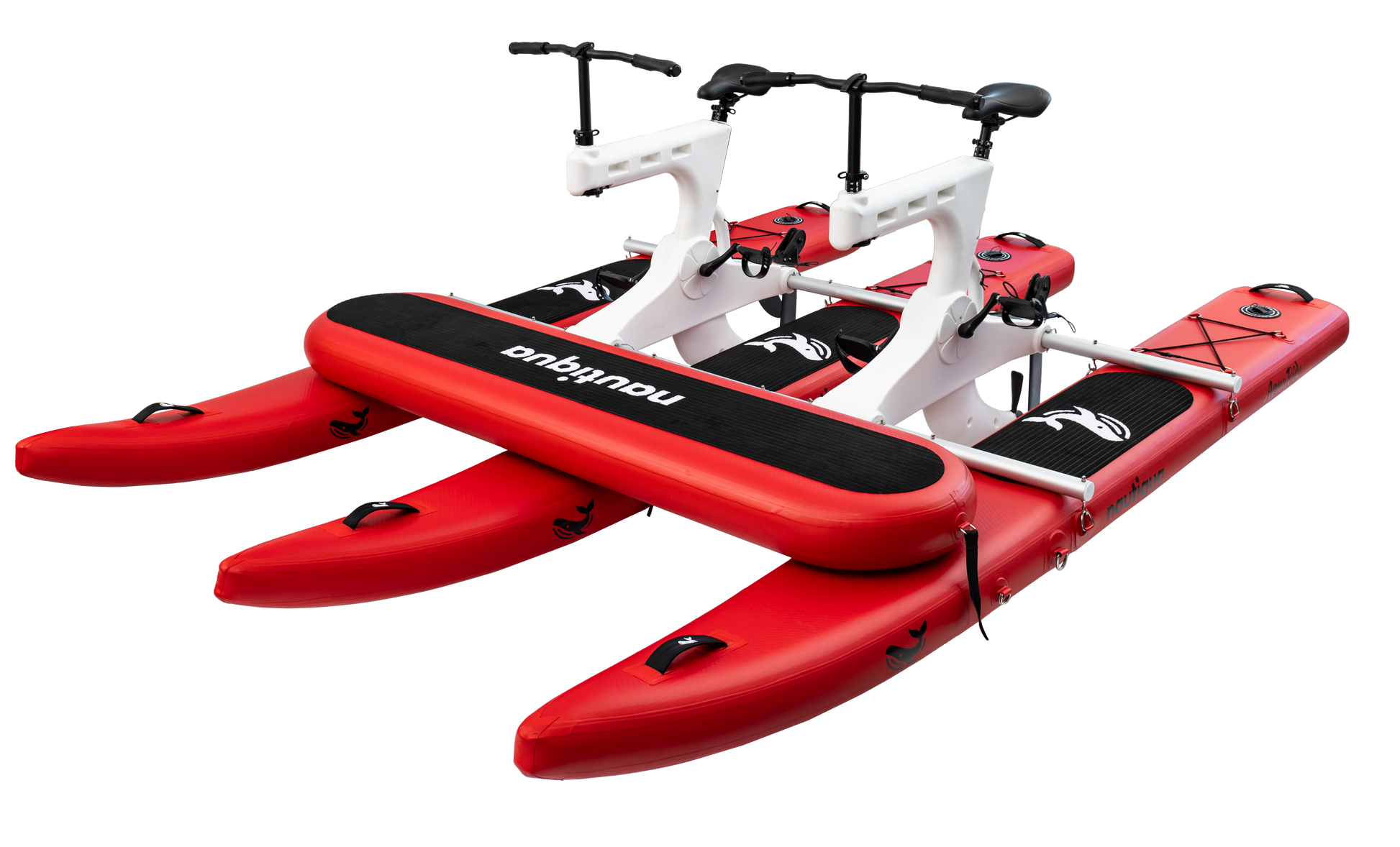 Red and white hydrofoil vehicle with 'embark' branding on a white background