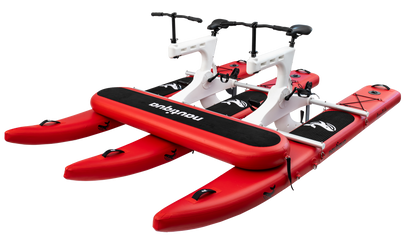 Red and white hydrofoil vehicle with 'embark' branding on a white background