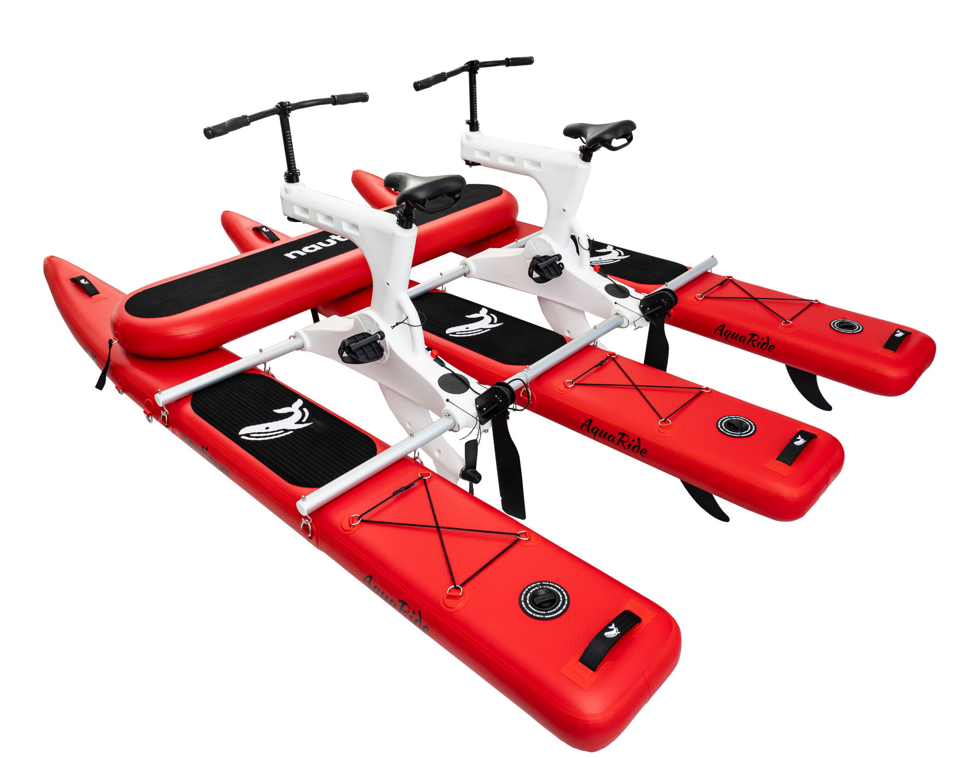 Red and white inflatable water bike with handlebars on a white background