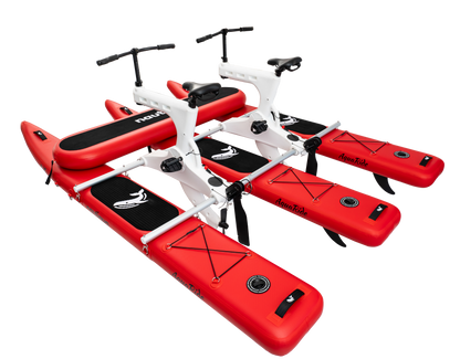 Red and white inflatable water bike with handlebars on a white background