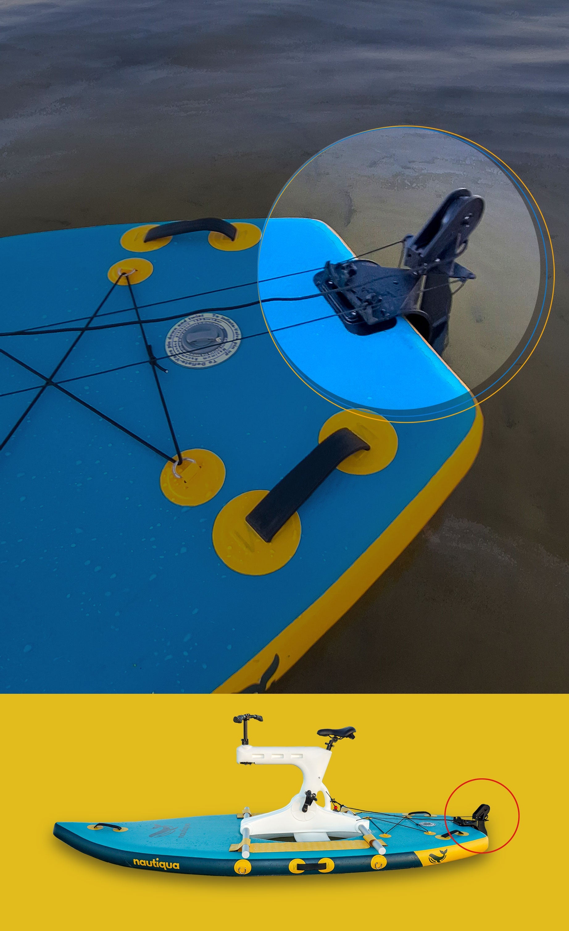 Blue and yellow paddleboard with black foot straps on water, followed by a white and blue paddleboard on a yellow background.