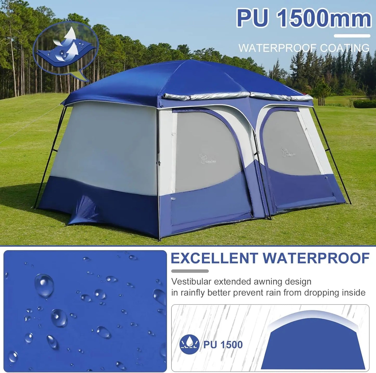 6-8 Person Camping Tent with Extended Vestibule | 2 Room Weather Resistant