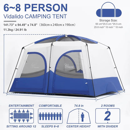 6-8 Person Camping Tent with Extended Vestibule | 2 Room Weather Resistant