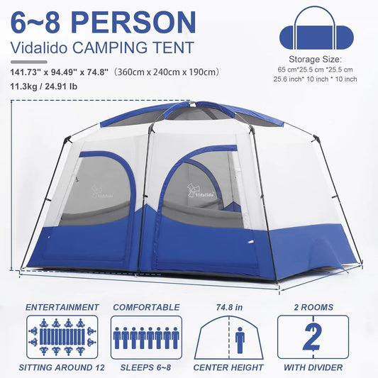 6-8 Person Camping Tent with Extended Vestibule | 2 Room Weather Resistant
