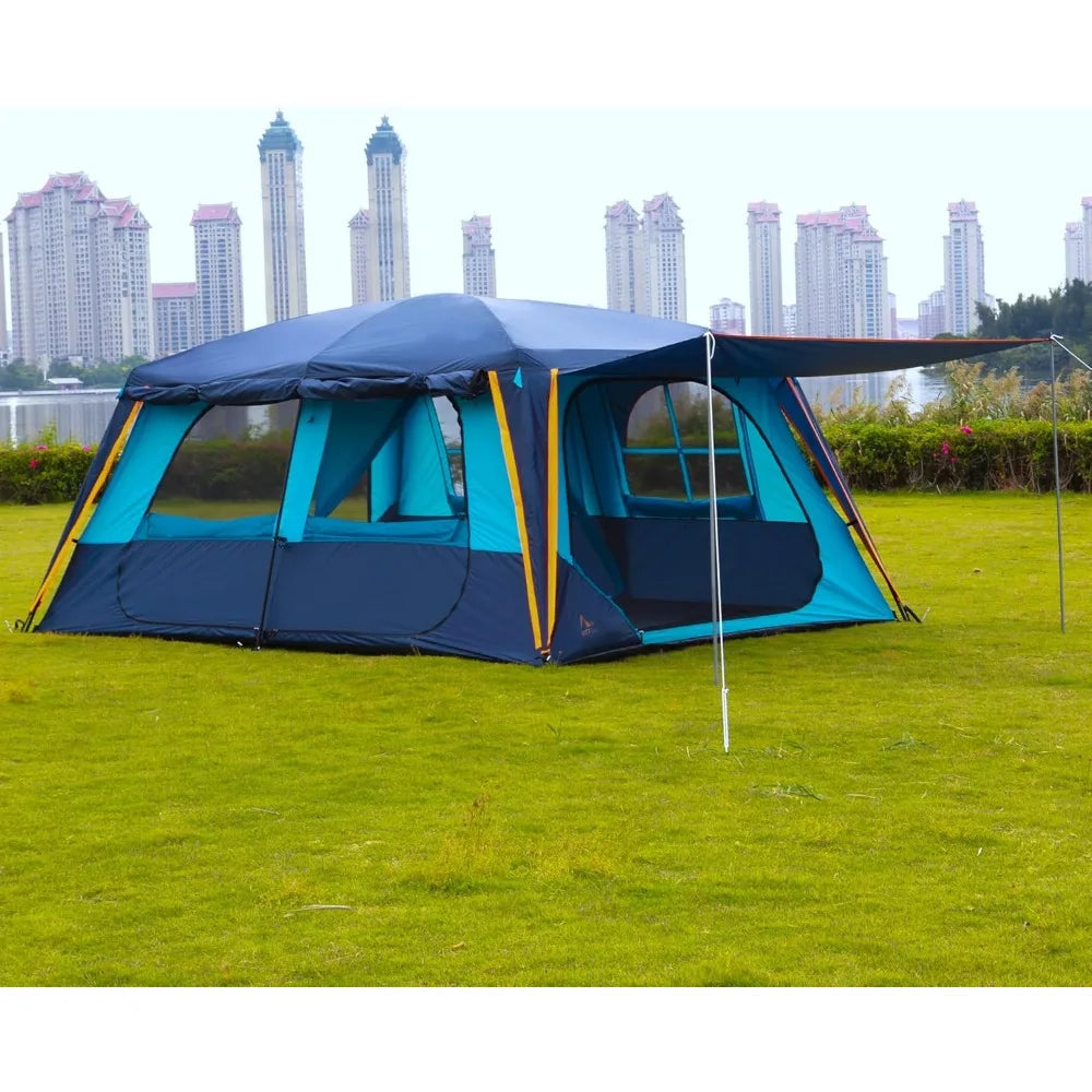 Extra Large 12-Person Family Cabin Tent with Awning | 2 Rooms 4 Doors