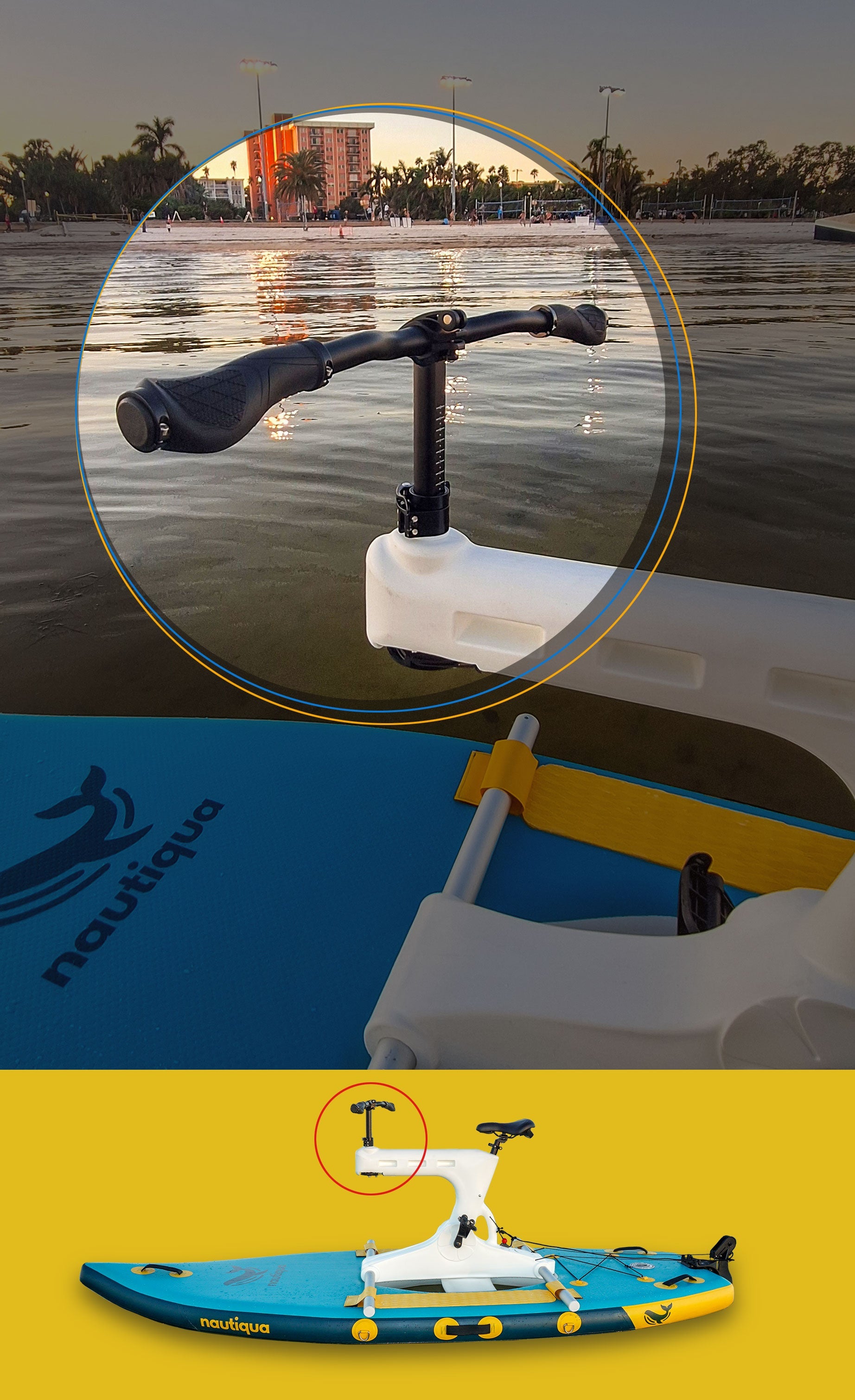 Boat with a mounted water ski tower on a body of water, featuring Nautique branding.