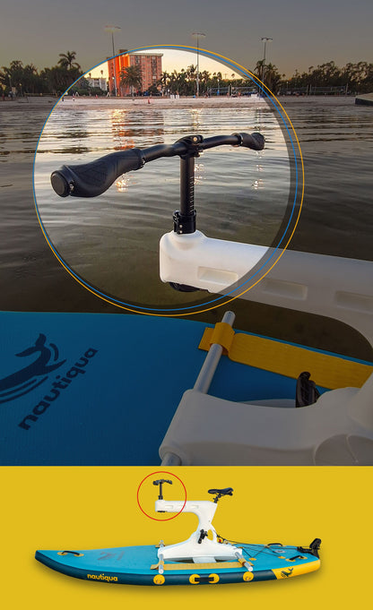 Boat with a mounted water ski tower on a body of water, featuring Nautique branding.