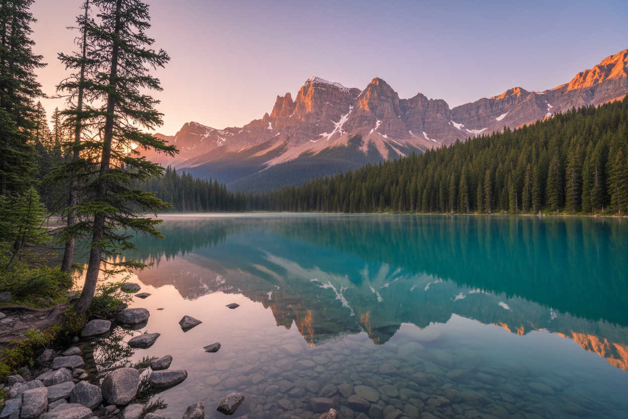 Lake and mountains outdoor adventure scene