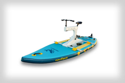Blue and yellow Nautica inflatable stand-up paddleboard on a white background