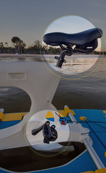 Close-up of a boat's seat and controls with water and trees in the background